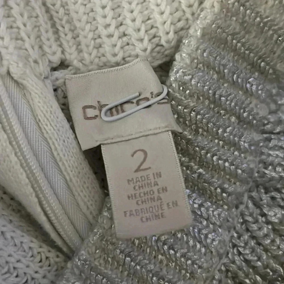 -Chico’s Sweater Metallic Silver and Cream Mock Zipper Neck Sweater Size Medium - Picture 5 of 13